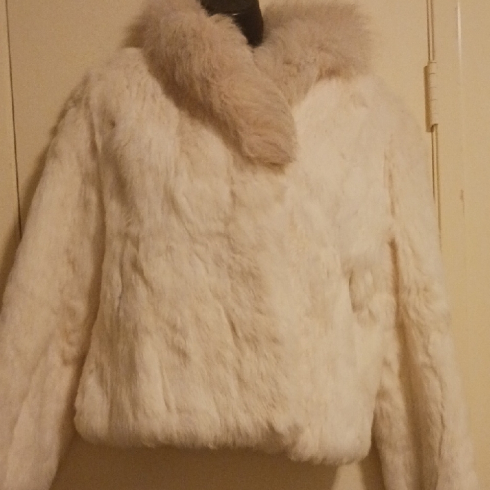 Real Rabbit Fur Cream  Jacket Vintage Satin Lined